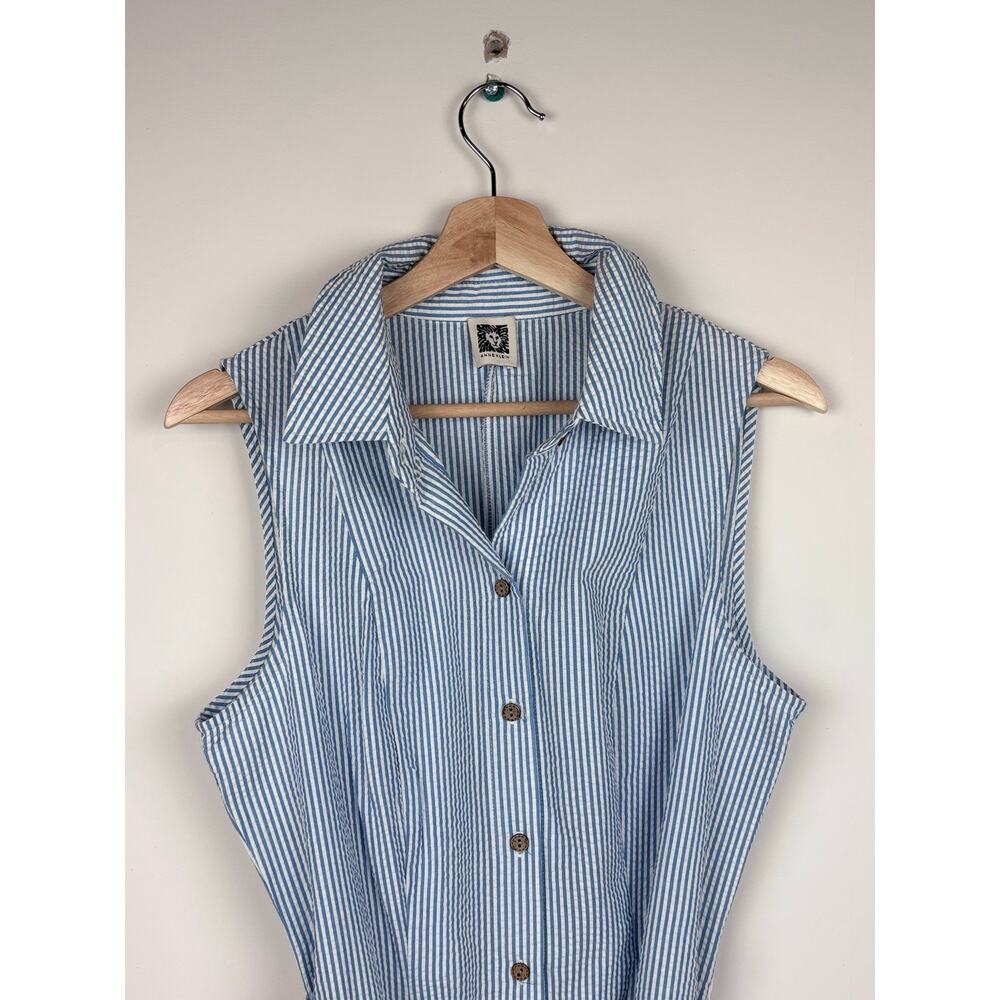 ๐ Anne Klein | Seersucker Midi Shirtdress | No Tag ~Size 8-10 | Blue & White - Picture 2 of 9